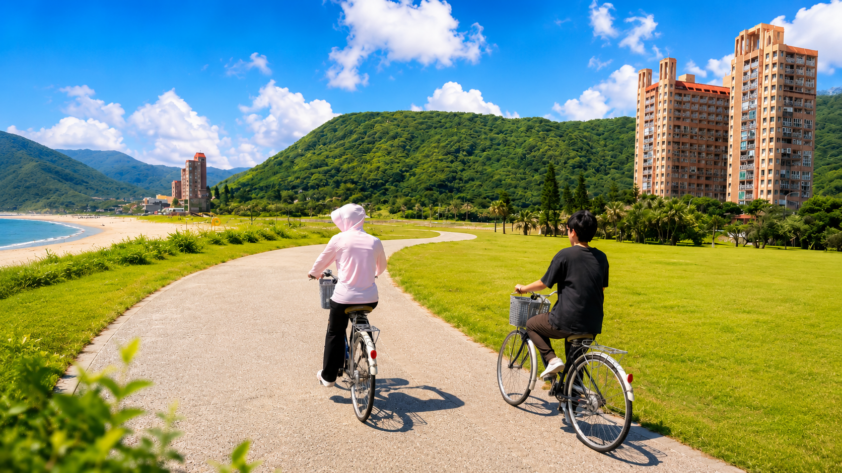 萬金自行車道沿線的濱海景觀,可欣賞湛藍海岸、白沙灘與翠綠山景
